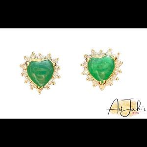 Gold Green Jade Diamond Heart Stud Earrings